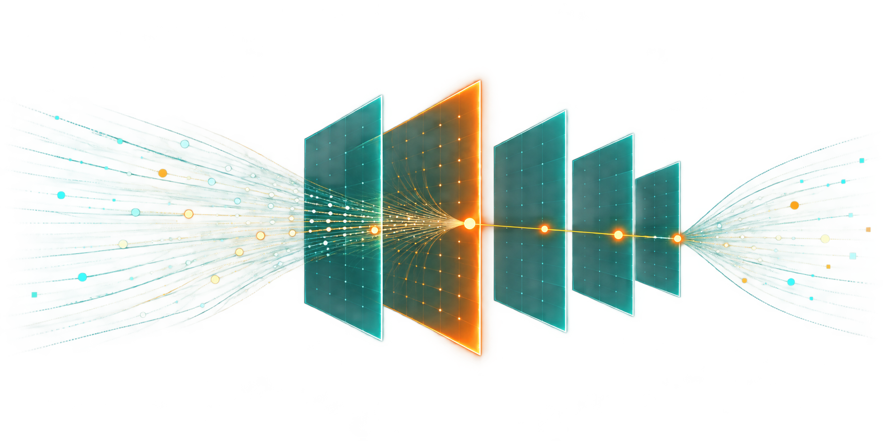 Diagram showing an AI investment narrowing through a governed commitment, informed by evidence, and widening out into realized value