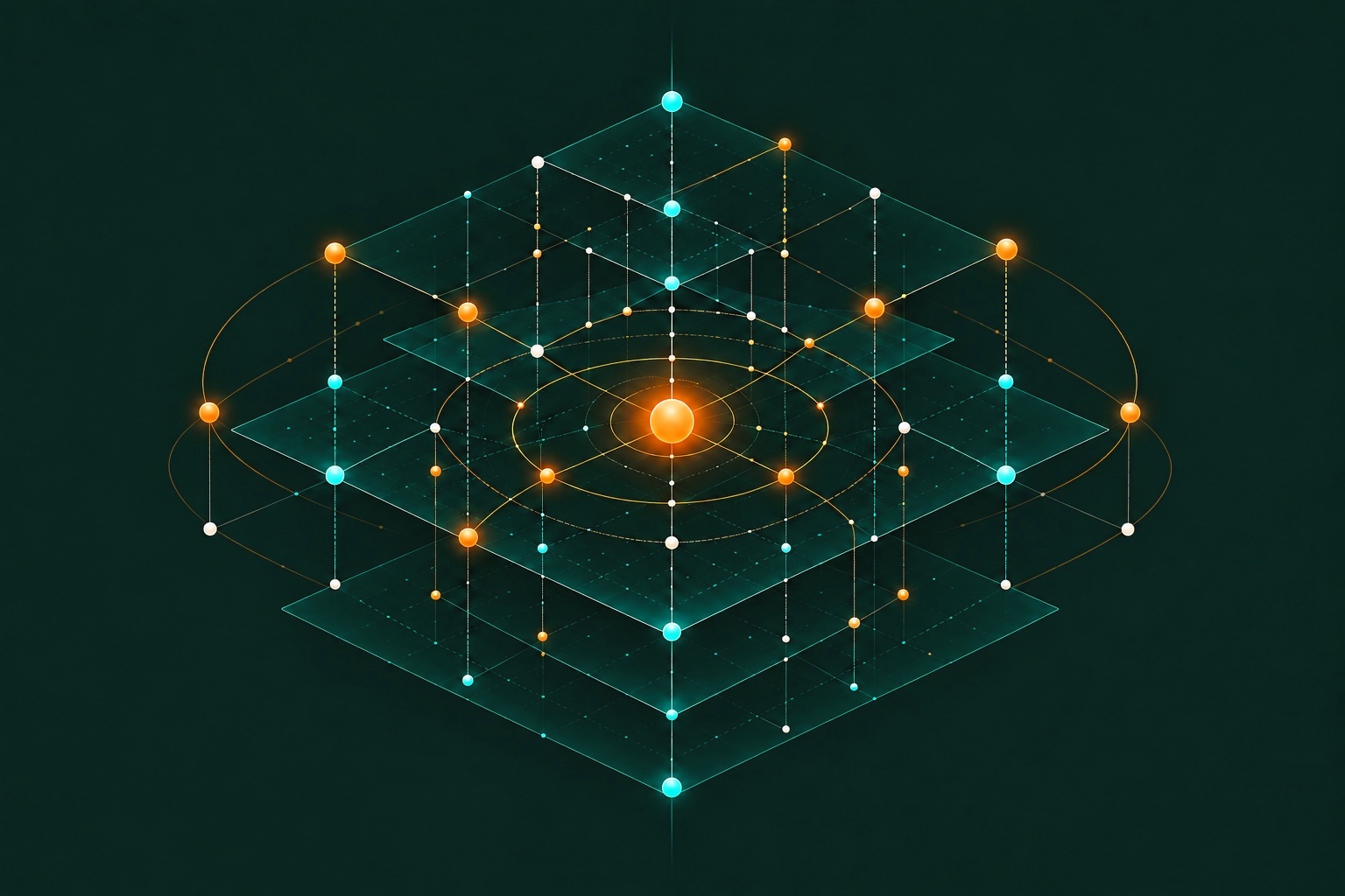 Abstract isometric geometry representing the Absorptive system: layered planes, orbiting nodes, and a central pulse connecting commitment, evidence, and realized value